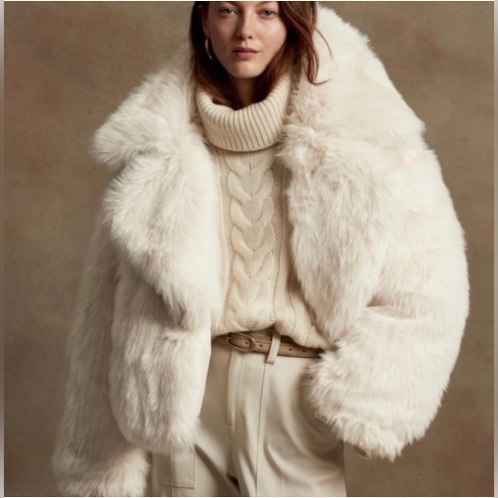 Banana Republic Faux Fur Down Jacket - Transition Cream White - Size Medium NWT